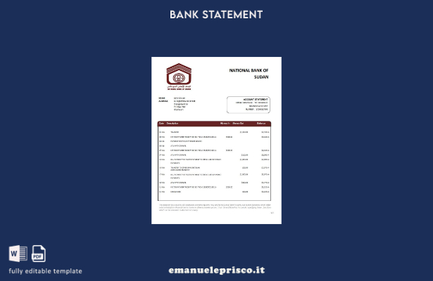 modello word di estratto conto della Banca nazionale del Sudan in stile verifica